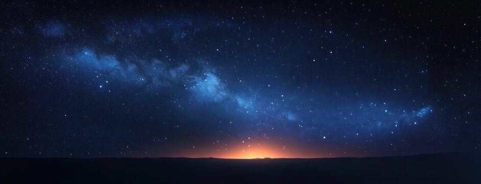 Vast night sky filled with stars and the glowing band of the Milky Way galaxy arching over a dark horizon with a soft warm light glow