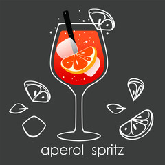 Classic cocktail Aperol Spritz. Summer alcoholic refreshing drink with orange and ice on a dark background. Vector illustration.