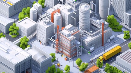 An isometric cityscape featuring industrial structures.