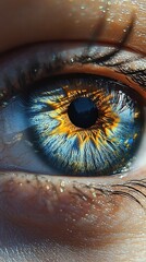 Extreme close-up of a human eye showing intricate blue and amber iris patterns with detailed eyelashes and skin textures, reflecting light and evoking wonder
