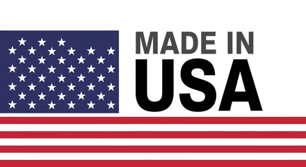 Made in USA Label with American Flag Detail: Bold Black Text on Red and Blue Stripes