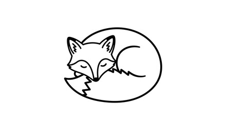 Minimalist Black and White Fox Curled Up Sleeping Line Art Illustration
