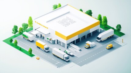 Industrial warehouse complex with multiple delivery vehicles.