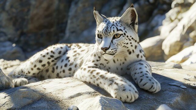 realistic hybrid of a snow leopard and lynx, spotted white fur, short lynx-like ear tufts, lying on sun-warmed rocks - Powered by Adobe