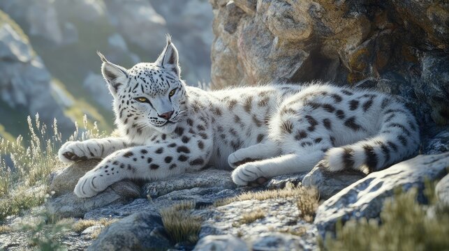 realistic hybrid of a snow leopard and lynx, spotted white fur, short lynx-like ear tufts, lying on sun-warmed rocks - Powered by Adobe