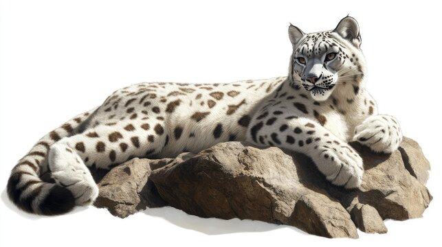 realistic hybrid of a snow leopard and lynx, spotted white fur, short lynx-like ear tufts, lying on sun