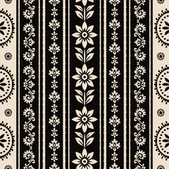 Floral Embroidery Ikat Saree Pattern in Traditional Ethnic Style, Abstract Fabric Design for Clothing and Wrapping Decoration, Seamless Textile Motif in Black and Cream.