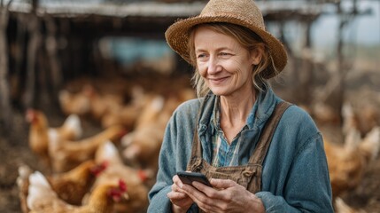 Female farmer smiling while using smartphone in rural chicken farm.