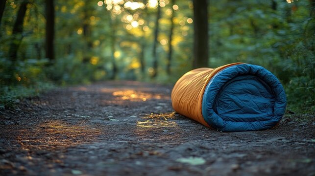 Rolled sleeping bag with forest trail.
