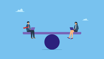 Businessman and businesswoman balancing working on laptop on equal seesaw. Gender equality at the office workplace, treat female and male equally, diversity or balance, fairness and justice concept.