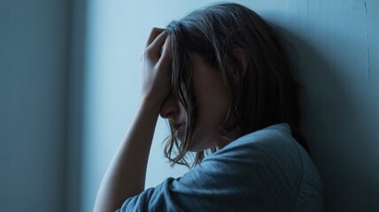Stressed young caucasian woman resting against wall in low light