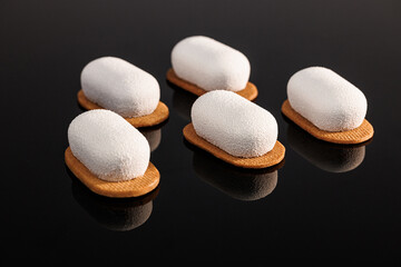 Creme brulee mousse cakes. Vanilla sable, chocolate sponge, coffee baileys icing. Creme brulee...