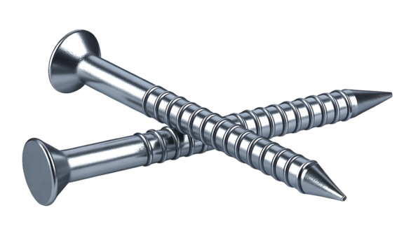 Two silver metal screws crossed together isolated on transparent background