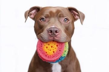 brown dog holding colorful round cleaning sponges in its mouth against a white background with a calm and attentive expression