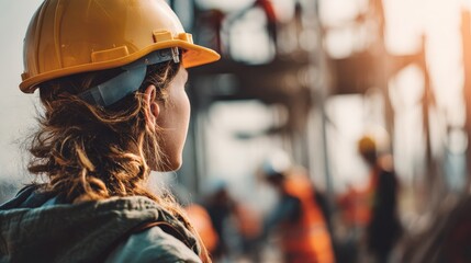 Focused female planner at construction site, workers building massive structure.