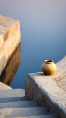 A clay pot of white butter as an offering at dawn. A serene and minimalist depiction of a spiritual offering at dawn.
