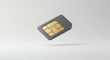  macro shot of a single nano SIM card centered on a pure white background, showcasing intricate gold chip details and crisp plastic edges. 