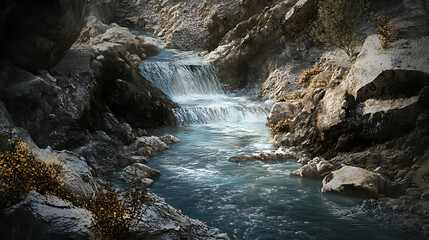 A river carving through a rocky landscape, symbolizing persistence and adaptability.