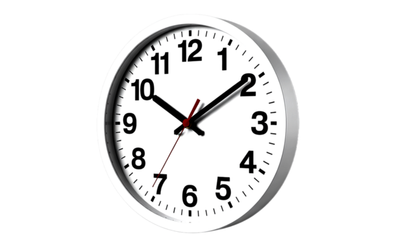 Classic white wall clock with black numbers and hands isolated on transparent background