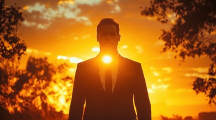 Silhouette of a man in a suit standing outdoors during a glowing sunset with bright orange sky and surrounding trees