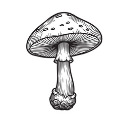 Detailed vintage art silhouette illustration of a single amanita mushroom on a pristine white background