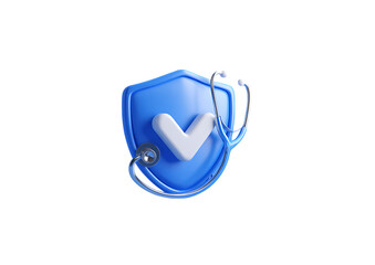 3D icon of a shield with a checkmark and stethoscope on a transparent background, in a minimalistic style, isometric view.