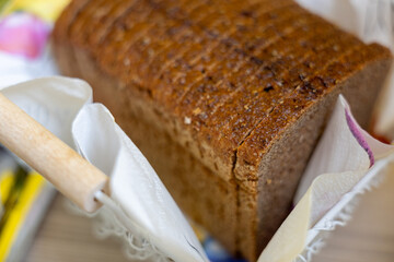 Close-up of fresh sliced bread in a basket with a napkin. Soft texture, golden crust. Rustic style...