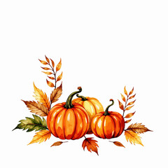 Three pumpkins surrounded by autumn leaves on white background  