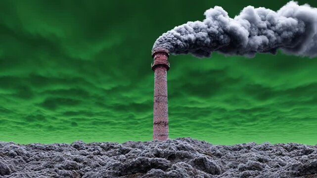 Industrial smokestack belches thick black smoke into a toxic green sky over a barren landscape, vividly illustrating air pollution, environmental degradation and climate change concerns