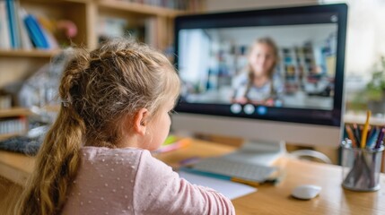 Girl listening to teacher during distance learning on desktop computer.