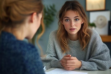 Two young women engaged in a serious conversation indoors with one attentively listening and the other speaking with focused expression