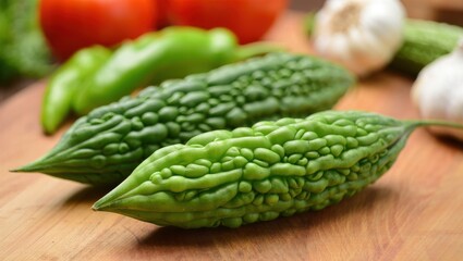 Close up of two green bitter melon gourds on wood