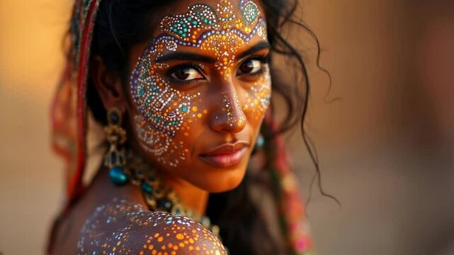 Queen of the desert. Woman face painting featuring colorful patterns and dots. Warm background, intense gaze.