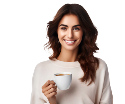 Smiling woman holding delicious a cup of coffee, woman drinking coffee on a transparent background
