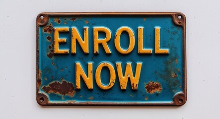 enroll now lettering on antique rugged rusty metal sign on plain white background