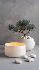 Minimalist white candle burning softly near small pine bonsai tree in round pot with white stones on gray surface