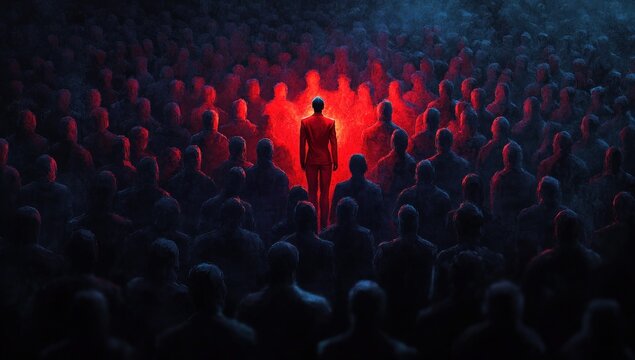 A lone figure illuminated in red stands out amid a large crowd of dark, shadowy people suggesting themes of individuality, courage, and focus
