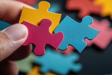 Close-up of a hand holding three colorful puzzle pieces fitting together representing connection and problem solving
