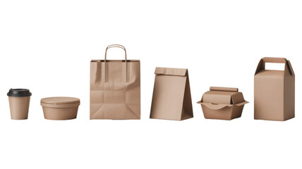 Kraft paper food packaging set bags, boxes, and cups for takeaway, Isolated Transparent Background