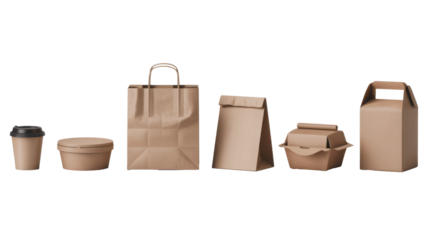 Kraft paper food packaging set bags, boxes, and cups for takeaway, Isolated Transparent Background