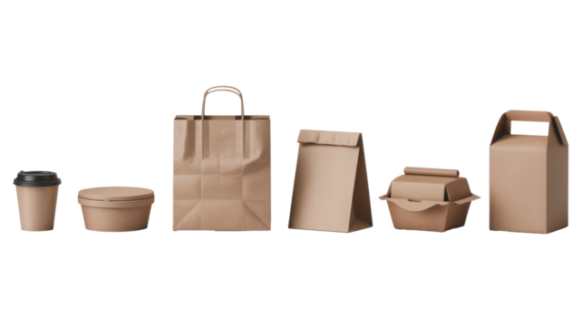 Kraft paper food packaging set bags, boxes, and cups for takeaway, Isolated Transparent Background