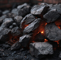 a close-up view of burning charcoal briquettes with flames and glowing embers, burning coal texture with a black background