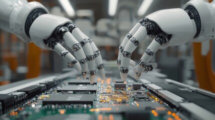 Close-up view of advanced white robotic hands assembling or inspecting a glowing electronic circuit board in a high-tech environment