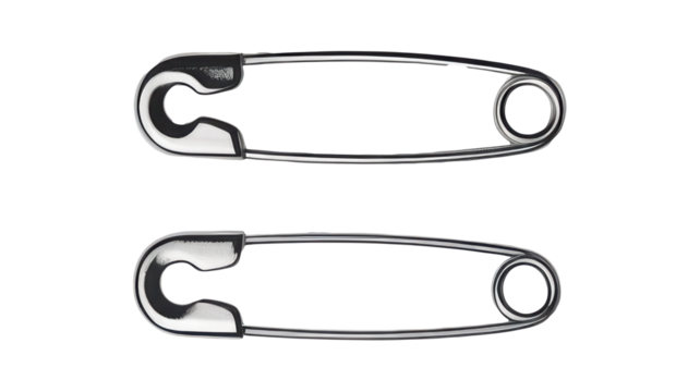 Two metallic safety pins, isolated Transparent Background