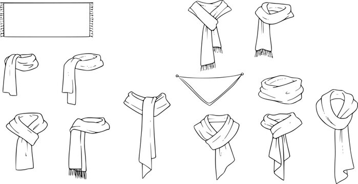 set of women's scarf flat sketch vector illustration cad mock up template
