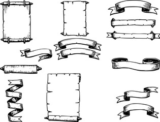 A scroll or banner parchment paper ribbon band in a vintage woodcut style
