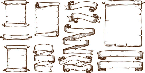 A scroll or banner parchment paper ribbon band in a vintage woodcut style

