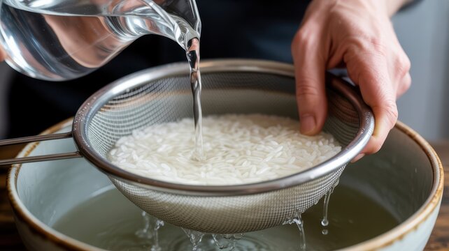 Hands rinsing white rice in metal sieve with water in kitchen setting