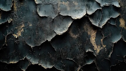 Fototapeta premium close-up of dark peeling and cracked paint texture on a rough surface showing layers of deterioration and weathering