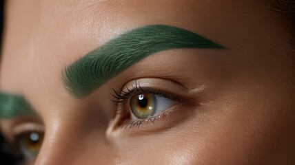 Close-up of female with green eyebrows and brown eyes